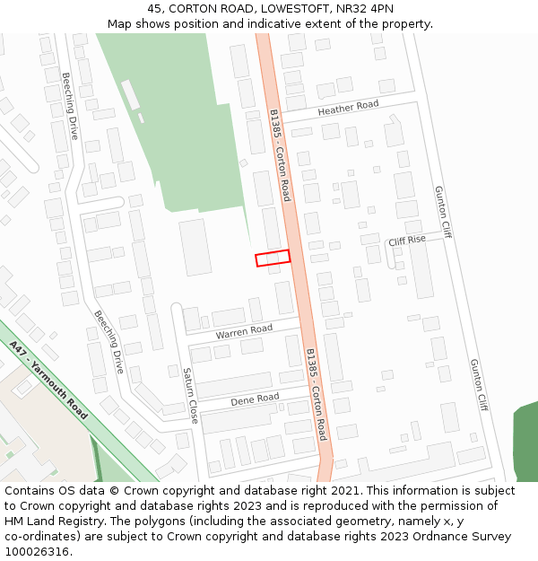 45, CORTON ROAD, LOWESTOFT, NR32 4PN: Location map and indicative extent of plot