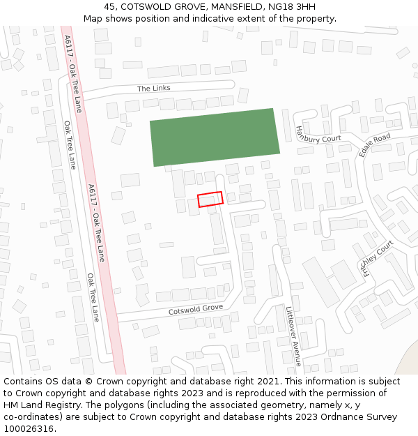 45, COTSWOLD GROVE, MANSFIELD, NG18 3HH: Location map and indicative extent of plot