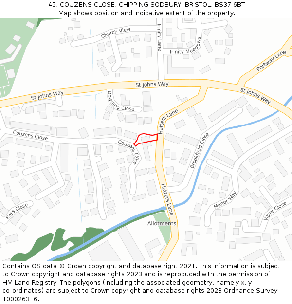 45, COUZENS CLOSE, CHIPPING SODBURY, BRISTOL, BS37 6BT: Location map and indicative extent of plot