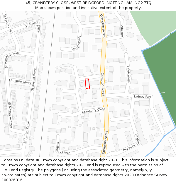 45, CRANBERRY CLOSE, WEST BRIDGFORD, NOTTINGHAM, NG2 7TQ: Location map and indicative extent of plot