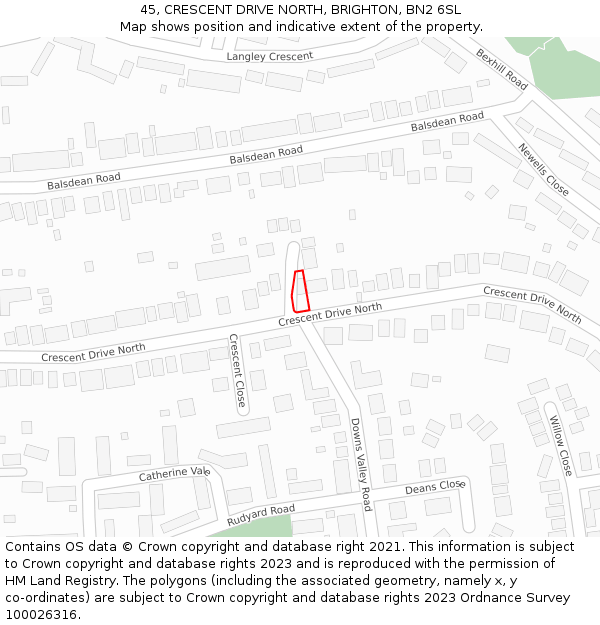 45, CRESCENT DRIVE NORTH, BRIGHTON, BN2 6SL: Location map and indicative extent of plot