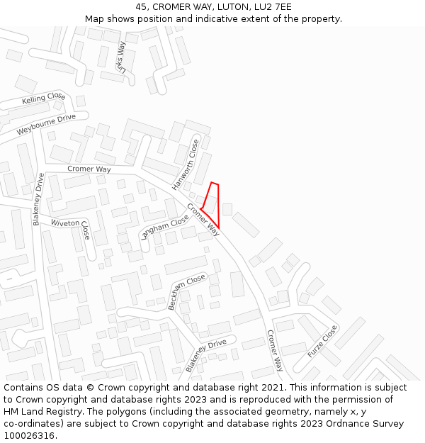 45, CROMER WAY, LUTON, LU2 7EE: Location map and indicative extent of plot