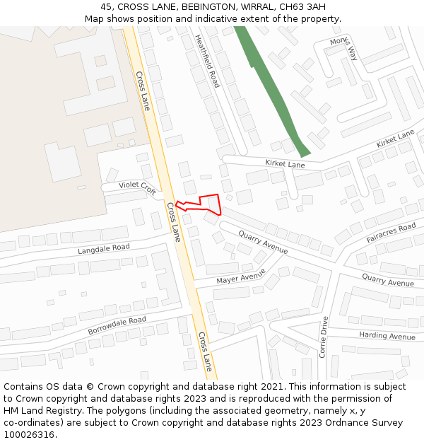 45, CROSS LANE, BEBINGTON, WIRRAL, CH63 3AH: Location map and indicative extent of plot