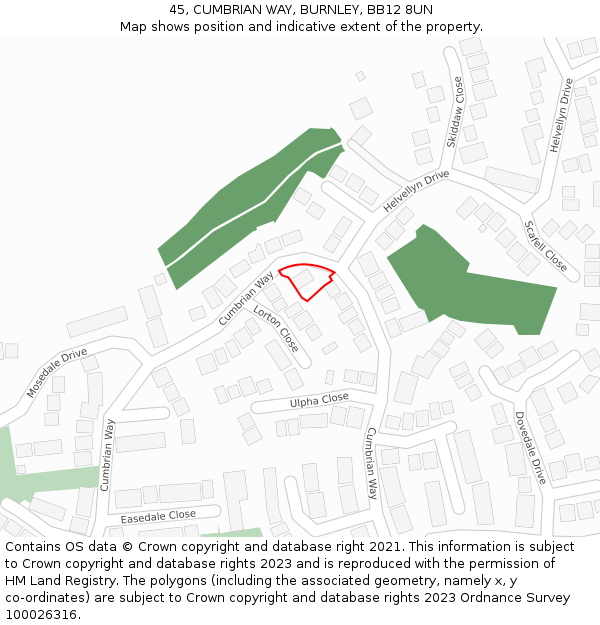 45, CUMBRIAN WAY, BURNLEY, BB12 8UN: Location map and indicative extent of plot