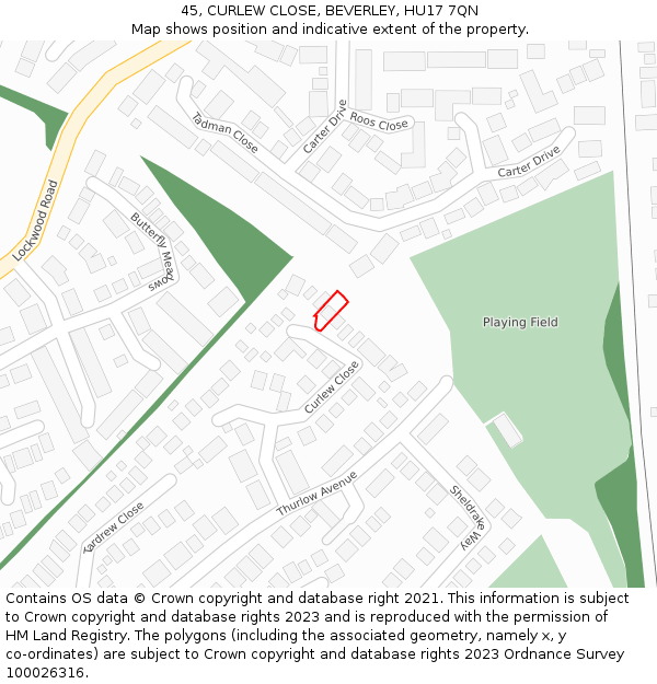 45, CURLEW CLOSE, BEVERLEY, HU17 7QN: Location map and indicative extent of plot