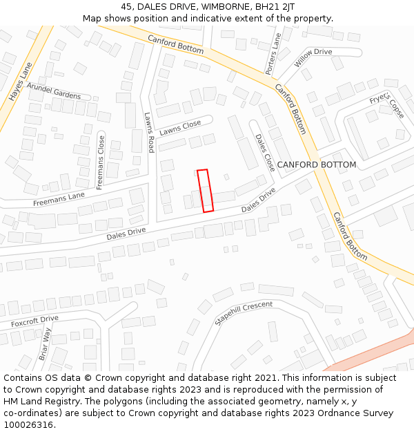 45, DALES DRIVE, WIMBORNE, BH21 2JT: Location map and indicative extent of plot
