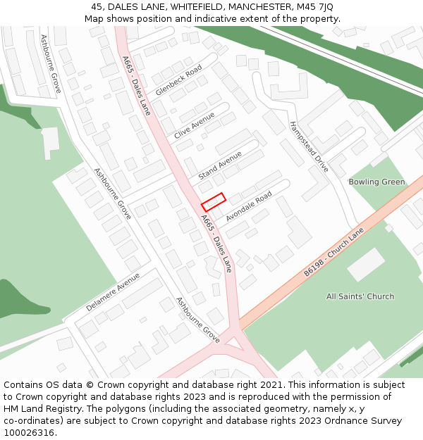 45, DALES LANE, WHITEFIELD, MANCHESTER, M45 7JQ: Location map and indicative extent of plot