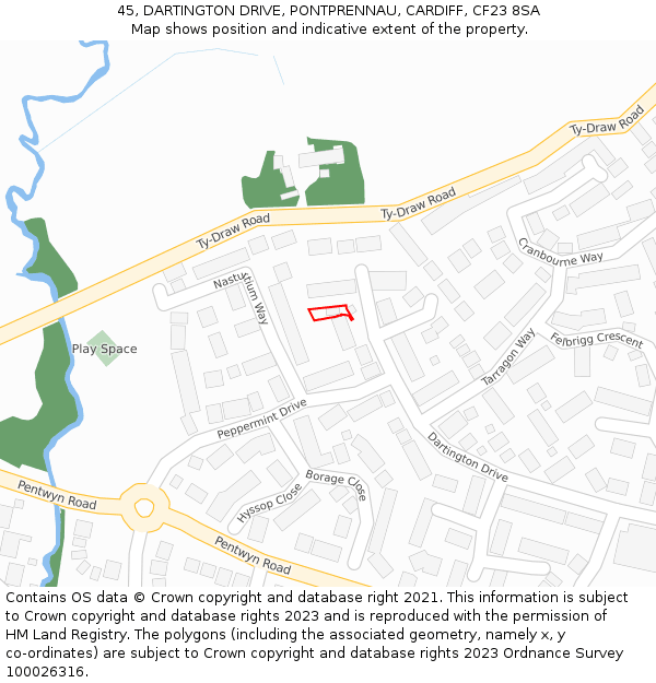 45, DARTINGTON DRIVE, PONTPRENNAU, CARDIFF, CF23 8SA: Location map and indicative extent of plot