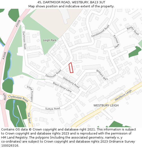 45, DARTMOOR ROAD, WESTBURY, BA13 3UT: Location map and indicative extent of plot