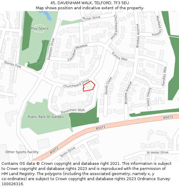 45, DAVENHAM WALK, TELFORD, TF3 5EU: Location map and indicative extent of plot