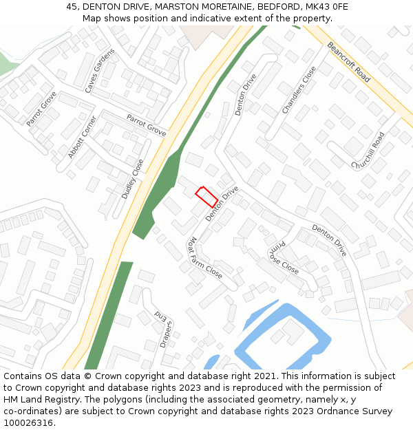 45, DENTON DRIVE, MARSTON MORETAINE, BEDFORD, MK43 0FE: Location map and indicative extent of plot