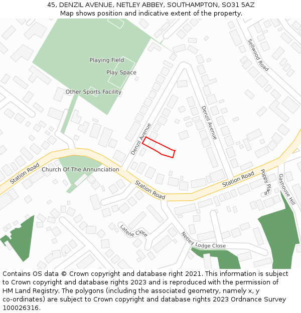 45, DENZIL AVENUE, NETLEY ABBEY, SOUTHAMPTON, SO31 5AZ: Location map and indicative extent of plot