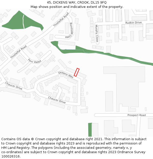 45, DICKENS WAY, CROOK, DL15 9FQ: Location map and indicative extent of plot