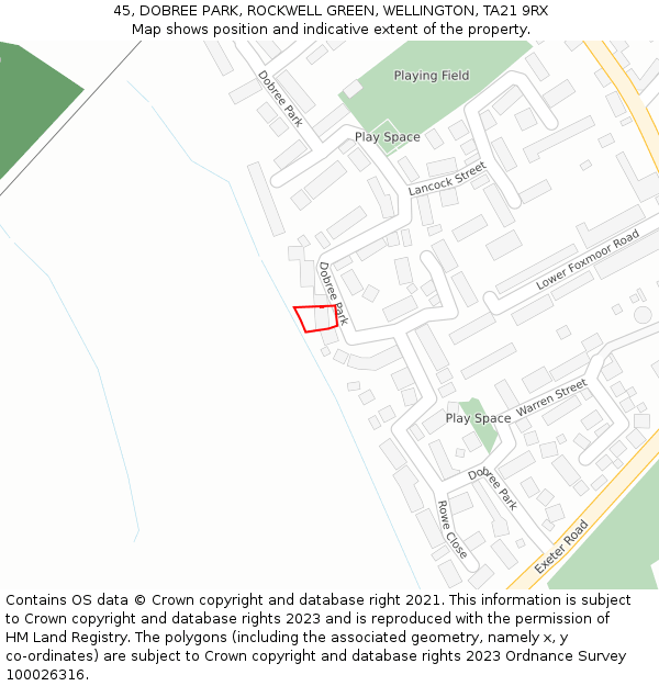 45, DOBREE PARK, ROCKWELL GREEN, WELLINGTON, TA21 9RX: Location map and indicative extent of plot