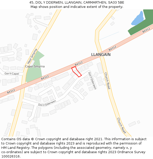 45, DOL Y DDERWEN, LLANGAIN, CARMARTHEN, SA33 5BE: Location map and indicative extent of plot