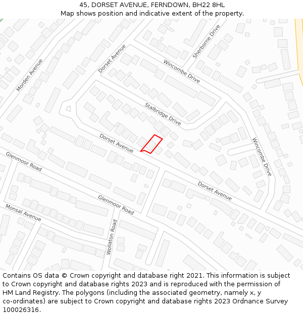 45, DORSET AVENUE, FERNDOWN, BH22 8HL: Location map and indicative extent of plot