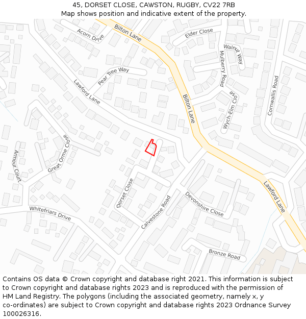 45, DORSET CLOSE, CAWSTON, RUGBY, CV22 7RB: Location map and indicative extent of plot