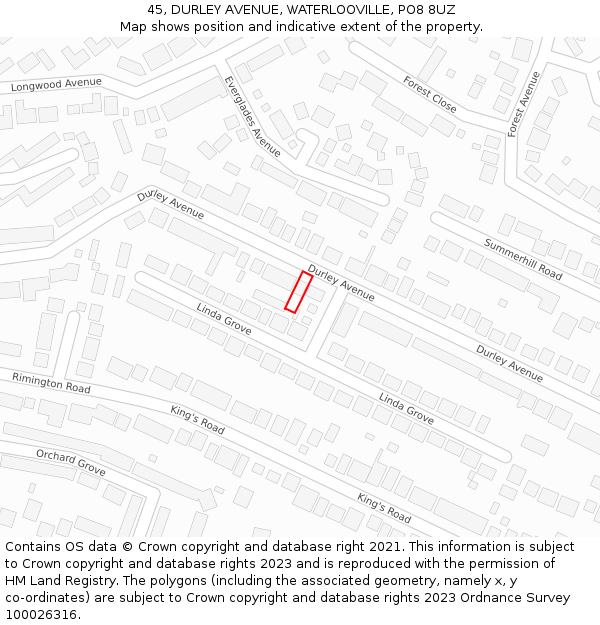 45, DURLEY AVENUE, WATERLOOVILLE, PO8 8UZ: Location map and indicative extent of plot