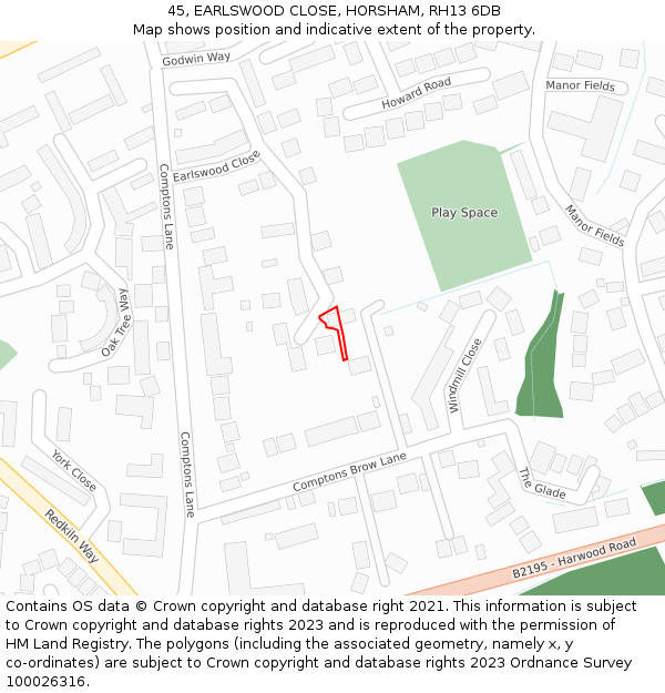 45, EARLSWOOD CLOSE, HORSHAM, RH13 6DB: Location map and indicative extent of plot