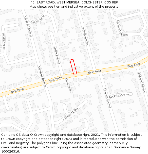 45, EAST ROAD, WEST MERSEA, COLCHESTER, CO5 8EP: Location map and indicative extent of plot