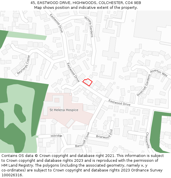 45, EASTWOOD DRIVE, HIGHWOODS, COLCHESTER, CO4 9EB: Location map and indicative extent of plot