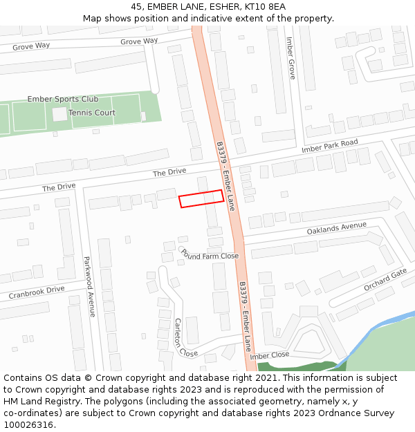 45, EMBER LANE, ESHER, KT10 8EA: Location map and indicative extent of plot