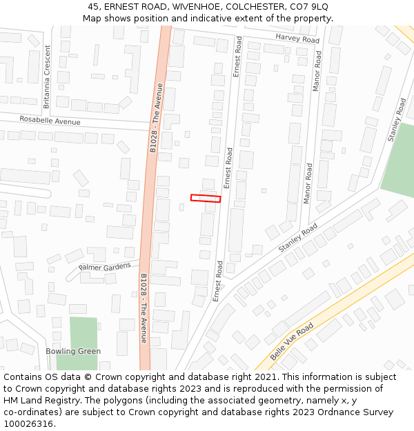 45, ERNEST ROAD, WIVENHOE, COLCHESTER, CO7 9LQ: Location map and indicative extent of plot