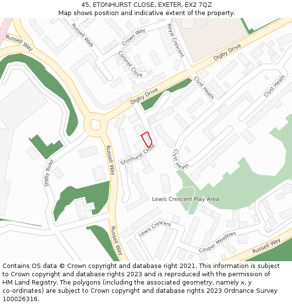 45, ETONHURST CLOSE, EXETER, EX2 7QZ: Location map and indicative extent of plot