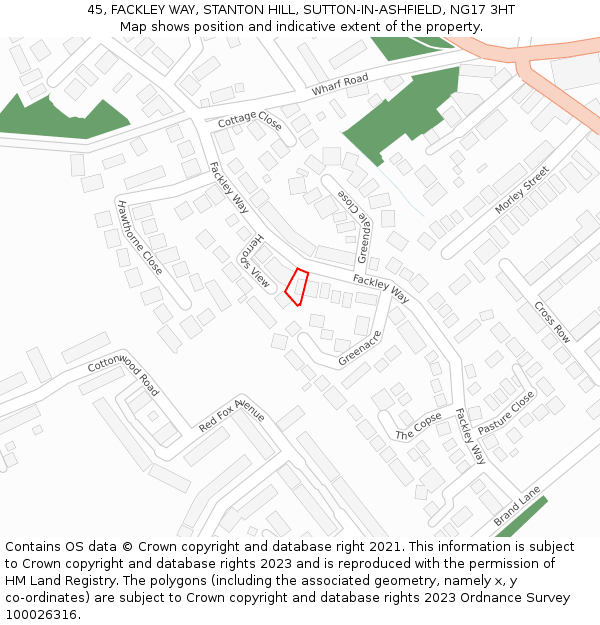 45, FACKLEY WAY, STANTON HILL, SUTTON-IN-ASHFIELD, NG17 3HT: Location map and indicative extent of plot