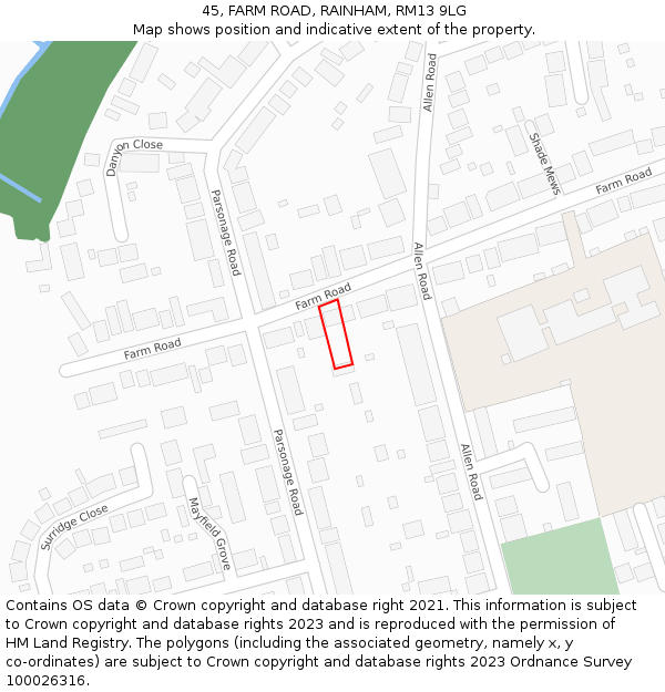 45, FARM ROAD, RAINHAM, RM13 9LG: Location map and indicative extent of plot