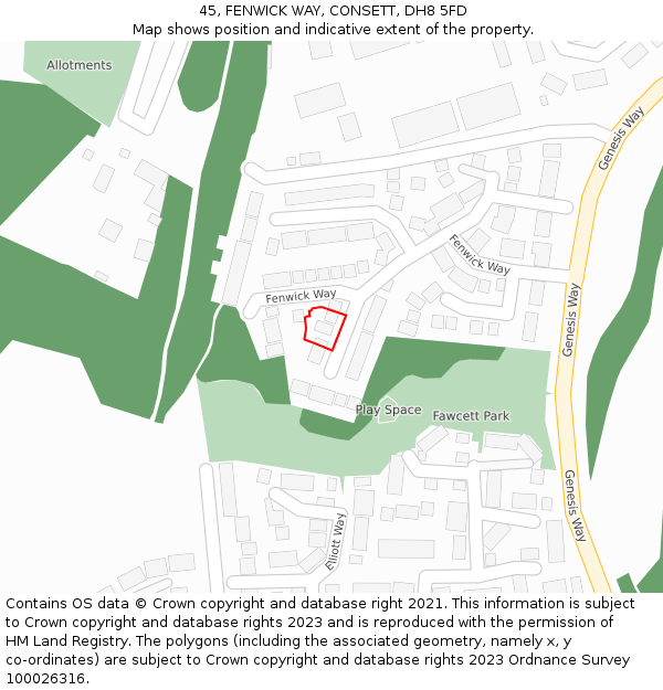 45, FENWICK WAY, CONSETT, DH8 5FD: Location map and indicative extent of plot