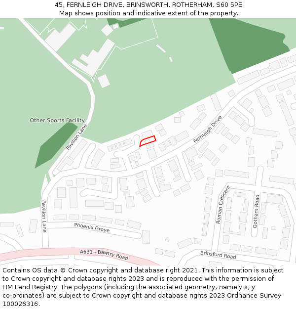 45, FERNLEIGH DRIVE, BRINSWORTH, ROTHERHAM, S60 5PE: Location map and indicative extent of plot