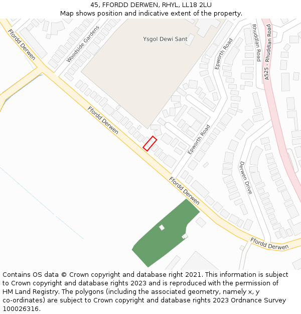 45, FFORDD DERWEN, RHYL, LL18 2LU: Location map and indicative extent of plot