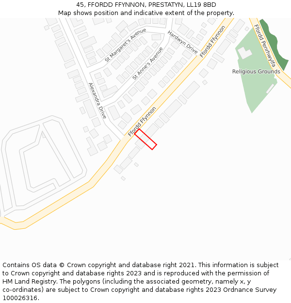 45, FFORDD FFYNNON, PRESTATYN, LL19 8BD: Location map and indicative extent of plot