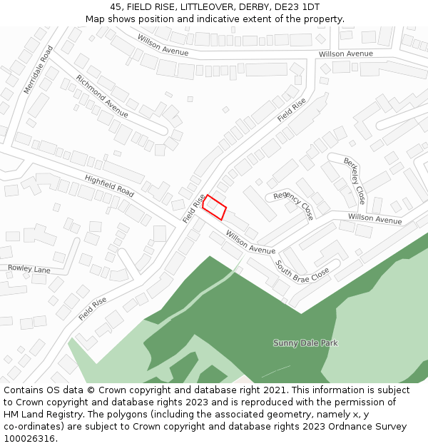 45, FIELD RISE, LITTLEOVER, DERBY, DE23 1DT: Location map and indicative extent of plot