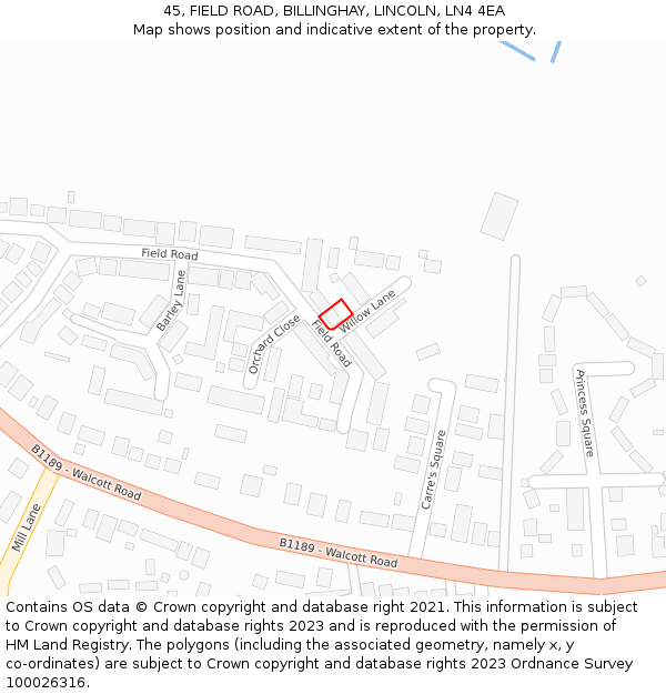 45, FIELD ROAD, BILLINGHAY, LINCOLN, LN4 4EA: Location map and indicative extent of plot