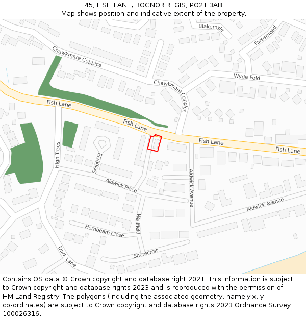 45, FISH LANE, BOGNOR REGIS, PO21 3AB: Location map and indicative extent of plot