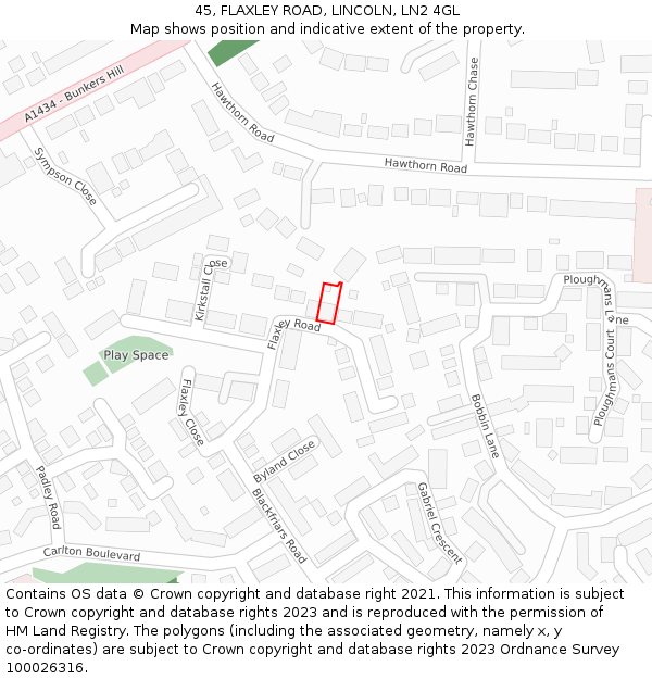 45, FLAXLEY ROAD, LINCOLN, LN2 4GL: Location map and indicative extent of plot