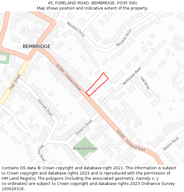 45, FORELAND ROAD, BEMBRIDGE, PO35 5XN: Location map and indicative extent of plot