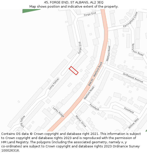 45, FORGE END, ST ALBANS, AL2 3EQ: Location map and indicative extent of plot