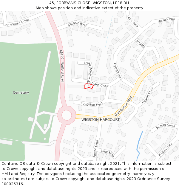 45, FORRYANS CLOSE, WIGSTON, LE18 3LL: Location map and indicative extent of plot