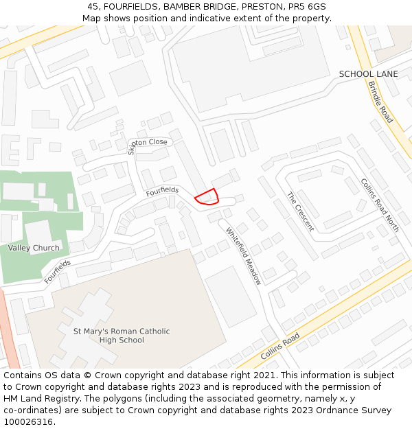 45, FOURFIELDS, BAMBER BRIDGE, PRESTON, PR5 6GS: Location map and indicative extent of plot