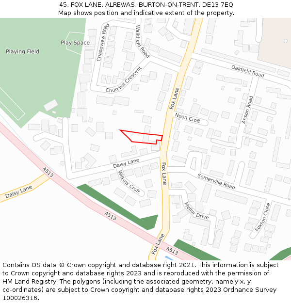 45, FOX LANE, ALREWAS, BURTON-ON-TRENT, DE13 7EQ: Location map and indicative extent of plot