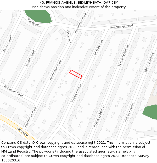 45, FRANCIS AVENUE, BEXLEYHEATH, DA7 5BY: Location map and indicative extent of plot