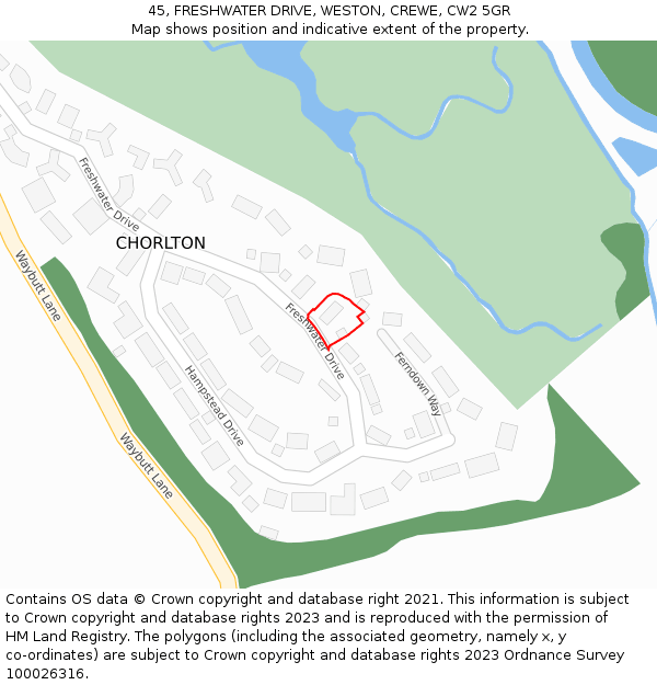 45, FRESHWATER DRIVE, WESTON, CREWE, CW2 5GR: Location map and indicative extent of plot