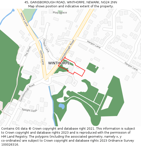 45, GAINSBOROUGH ROAD, WINTHORPE, NEWARK, NG24 2NN: Location map and indicative extent of plot