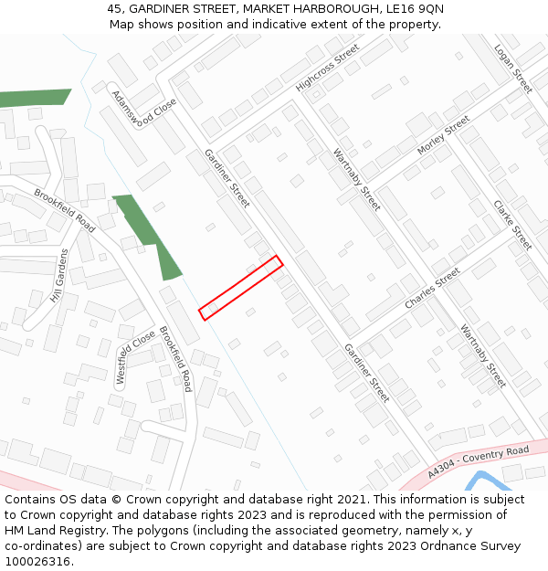 45, GARDINER STREET, MARKET HARBOROUGH, LE16 9QN: Location map and indicative extent of plot