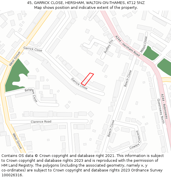 45, GARRICK CLOSE, HERSHAM, WALTON-ON-THAMES, KT12 5NZ: Location map and indicative extent of plot