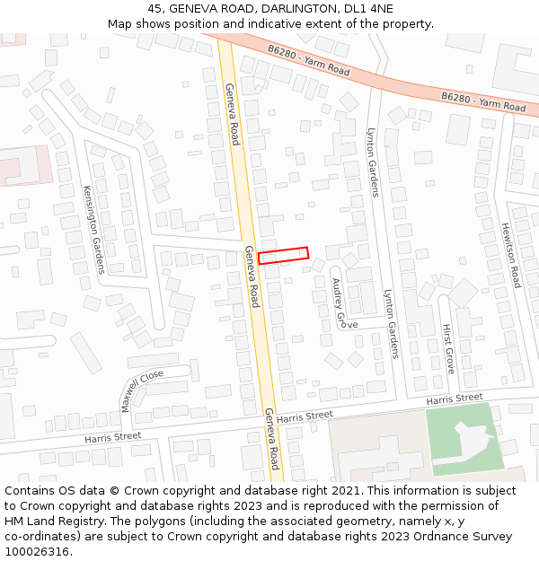 45, GENEVA ROAD, DARLINGTON, DL1 4NE: Location map and indicative extent of plot