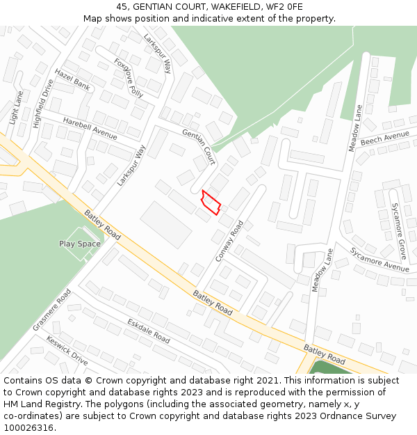 45, GENTIAN COURT, WAKEFIELD, WF2 0FE: Location map and indicative extent of plot